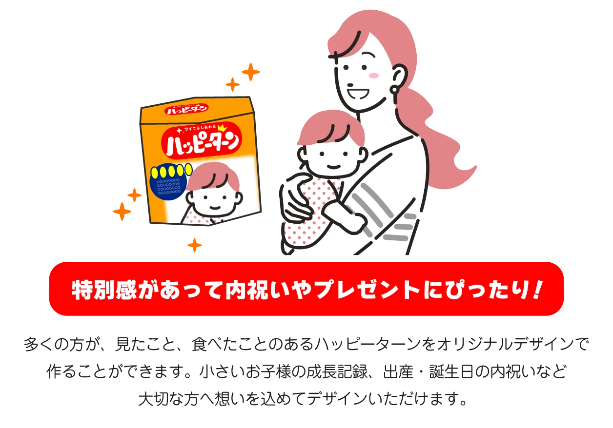 特別感があって内祝いやプレゼントにぴったり! 多くの方が、見たこと、食べたことのあるハッピーターンをオリジナルデザインで作ることができます。小さいお子様の成長記録、出産・誕生日の内祝いなど大切な方へ想いを込めてデザインいただけます。